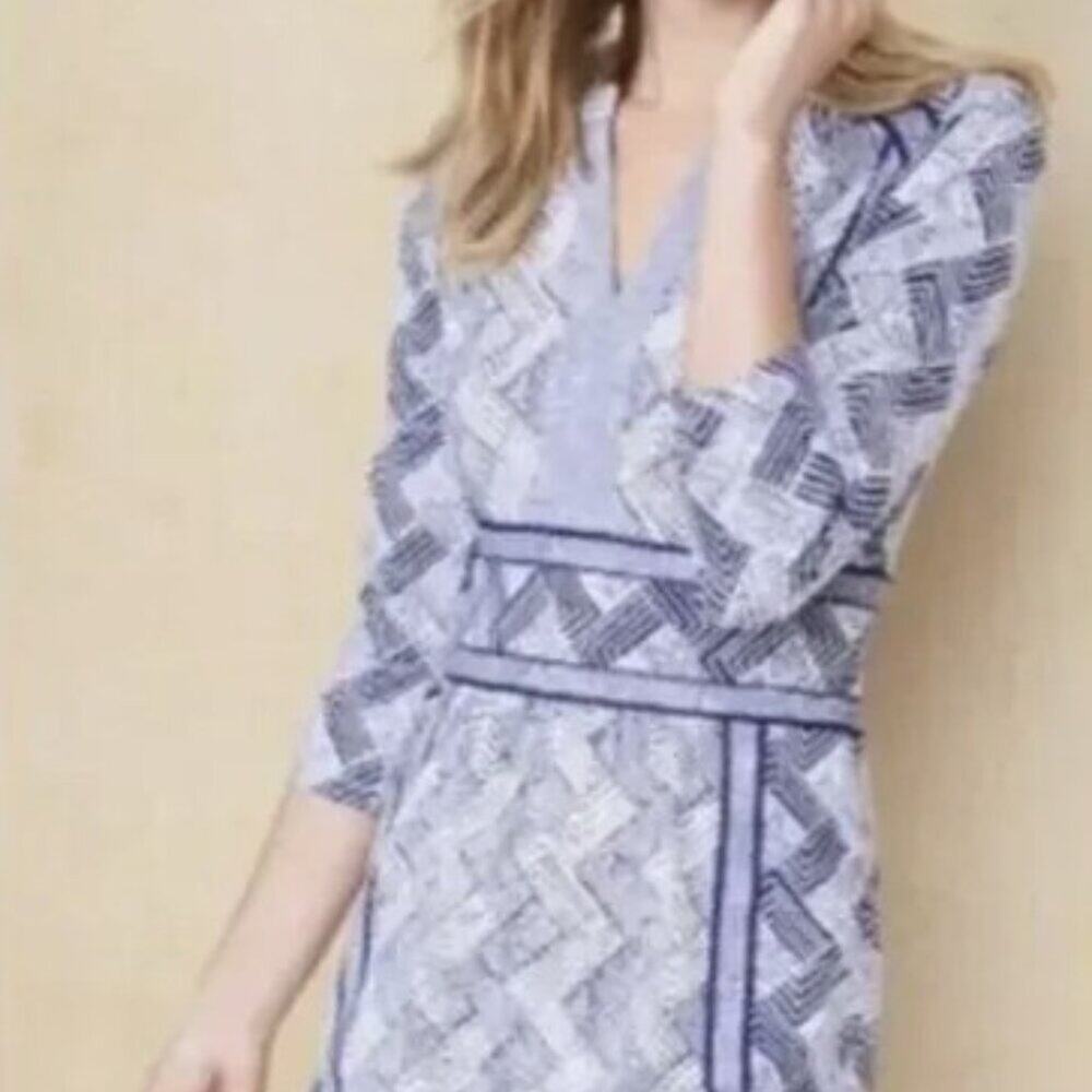 J. McLaughlin | Lola Geometric Print 3/4 Sleeve Dress Catalina Cloth Sz Small